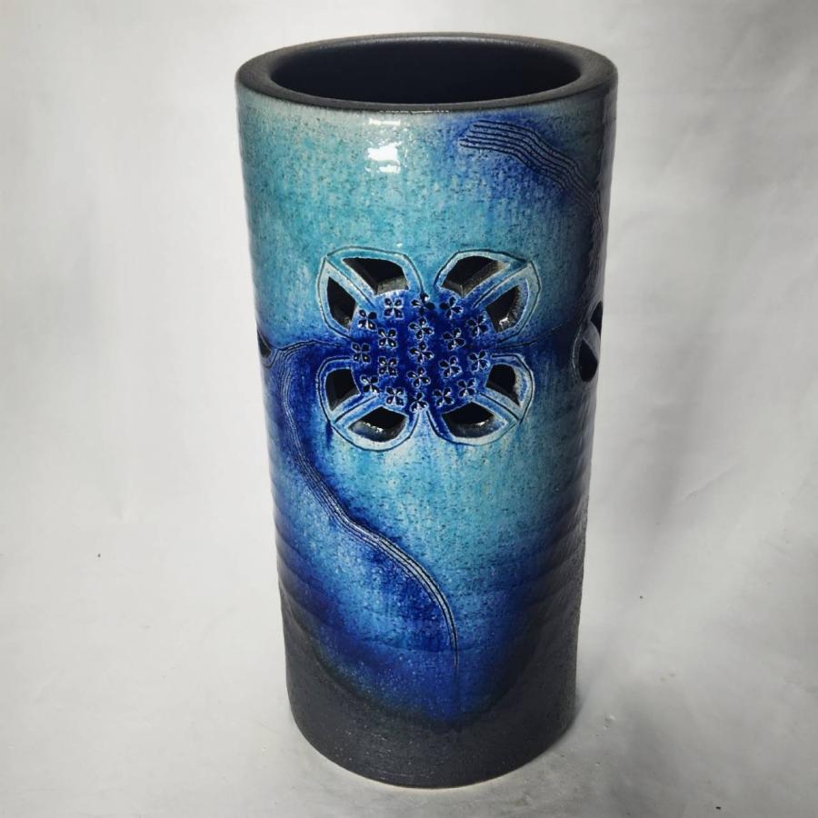 トルコ青あじさい彫傘立 （信楽焼き・陶器・傘立・梅雨・玄関