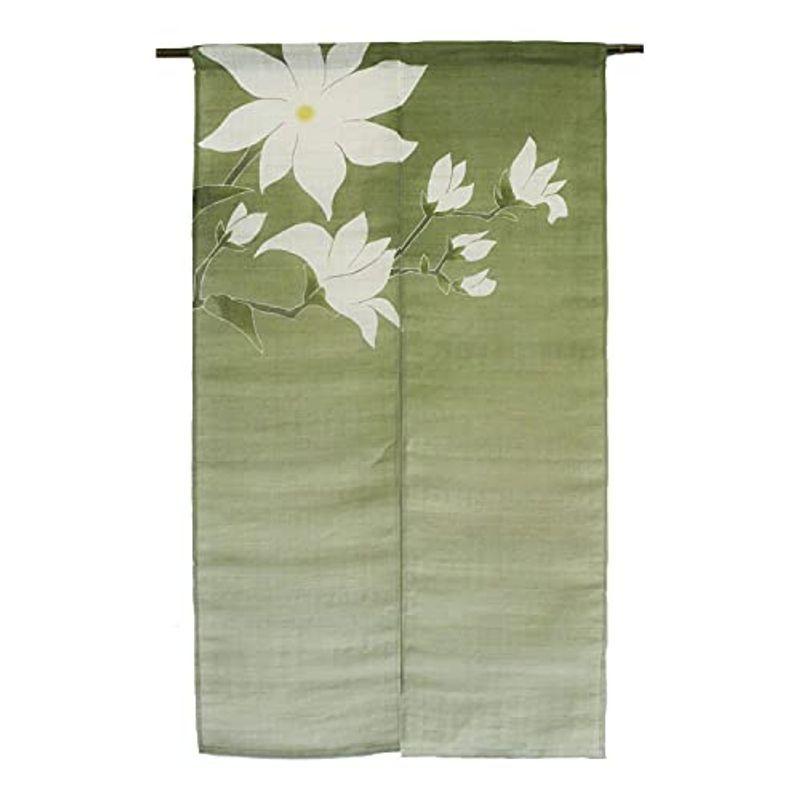 ＼半額SALE／ 麻のれん 和風モダン手織り手染め季節の花 W86xH150cm 緑葉染 こぶし のれん