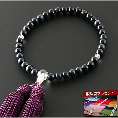 数珠・念珠 正絹頭房 青虎目石 本水晶仕立て(女性用) W-073