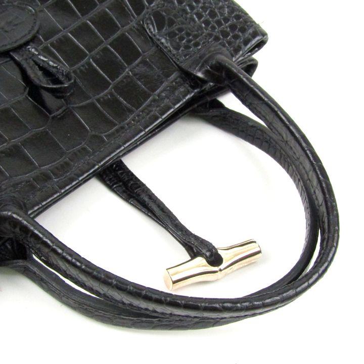 H41 ロンシャン　ハンドバッグ　クロコ型押し　A4収納可　レザー　ブラック