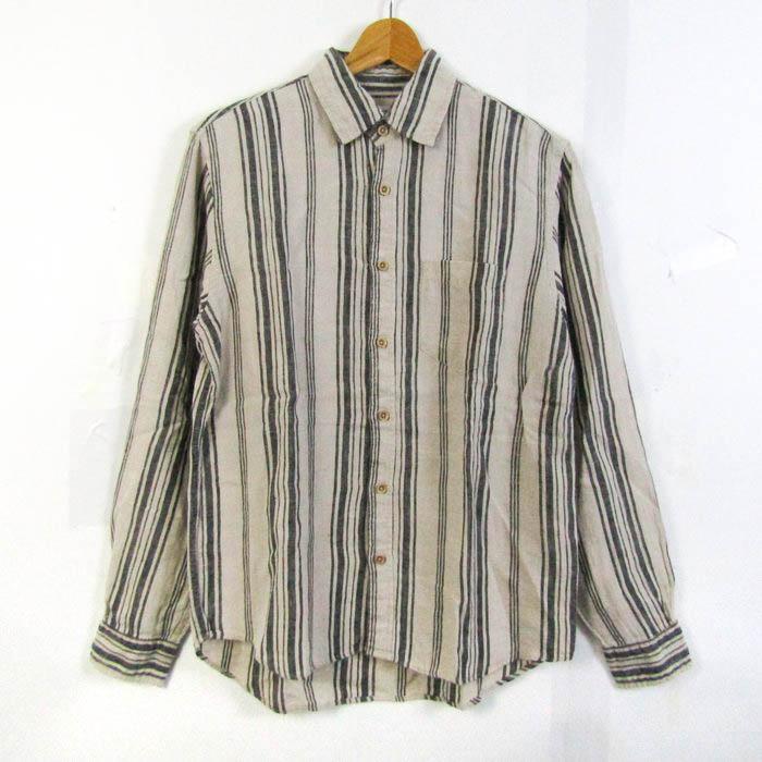 ハウスオブブルース 長袖シャツ トップス ストライプ柄 リネン100% メンズ Mサイズ ベージュ×黒 House of Blues | 