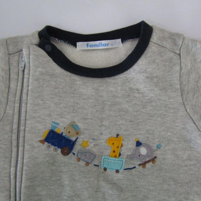 ファミリア　ロンパース　サイズ80 動物刺繍 半袖オールインワン グレー ファミリア ツナギ つなぎ オールインワン ロンパース 裏起毛 ベビー
