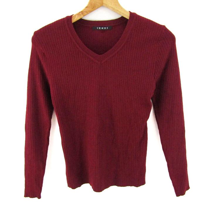イング リブニット 長袖 Vネック トップス レディース Mサイズ ワイン