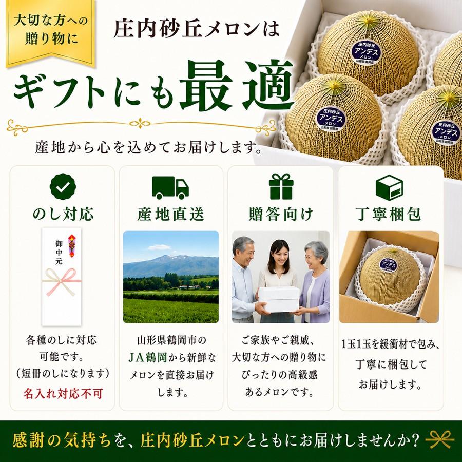 庄内砂丘メロン アンデスメロン 4玉 秀品3L 山形県鶴岡産 JA鶴岡 送料