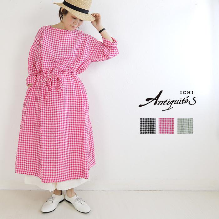 Ichi Antiquites イチアンティークス リネンギンガムワンピース ワンピース 長袖 麻 リネン 日本製 レディース