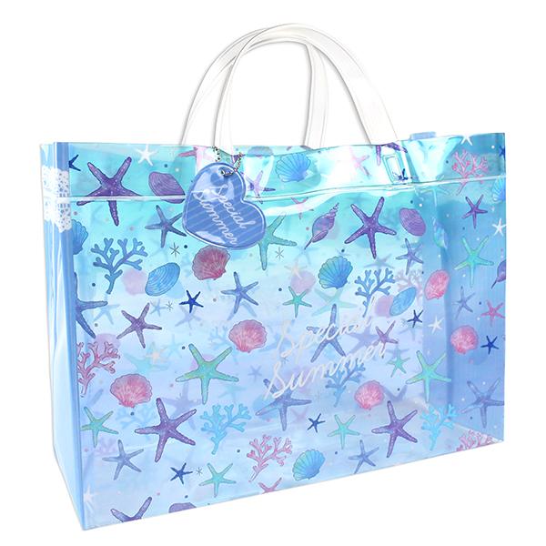 オーロラシェル柄 オリジナルビーチバッグ マチアリ プールバッグ 角型 ビニールバッグ キッズ 女の子 貝殻