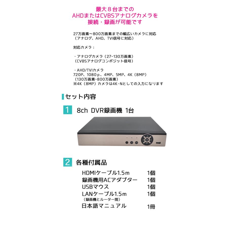 防犯カメラ用 8CH DVR録画機(選べるHDD容量)(4K〜2M)AHDカメラやTVI