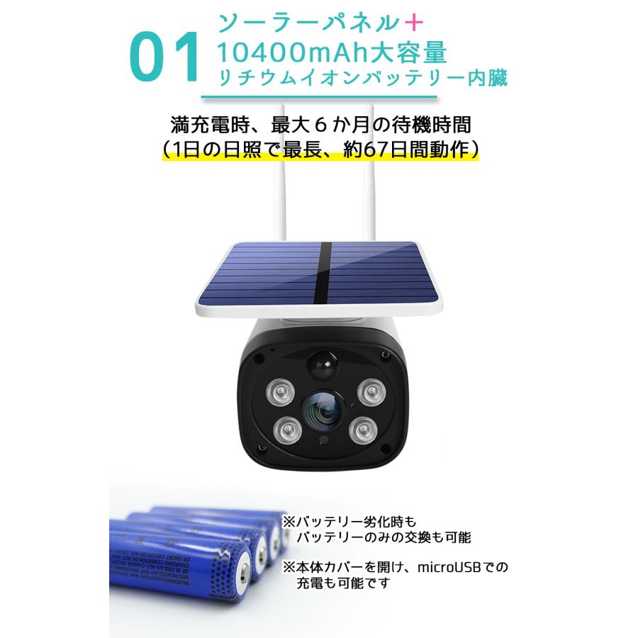 防犯カメラ 屋外 ワイヤレス ソーラー充電Wifiカメラ SDカード