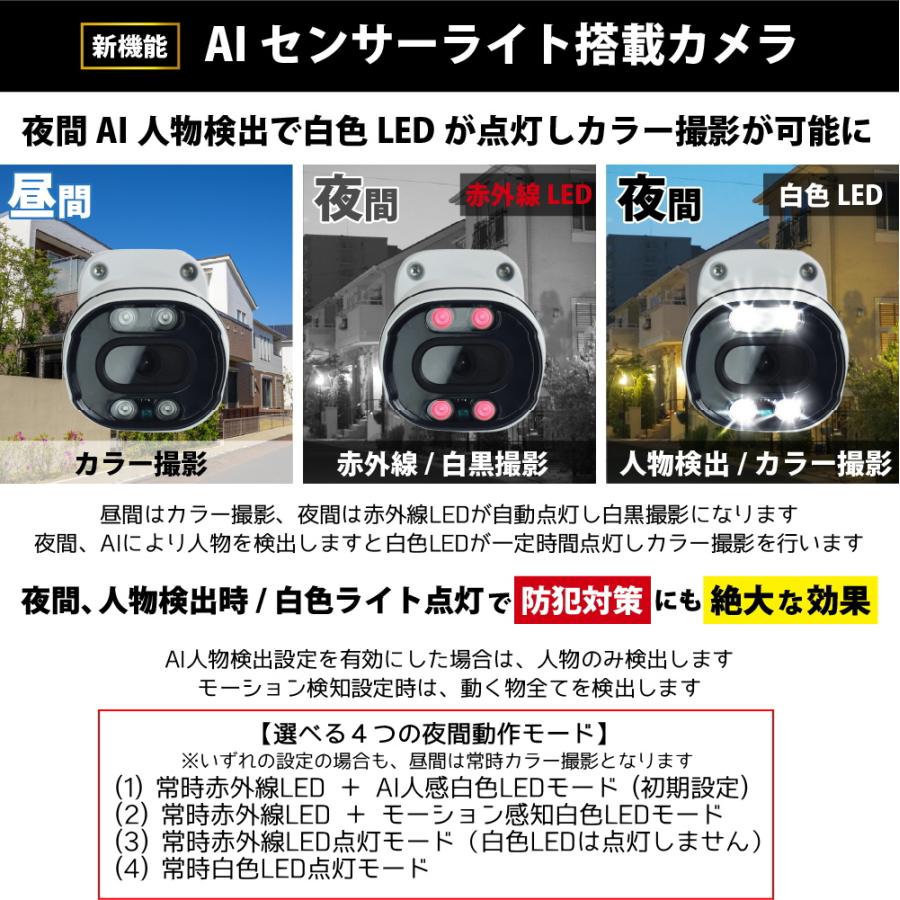 AIセンサーライト機能付 WiFi防犯カメラ 白色+赤外線LED搭載 屋外対応