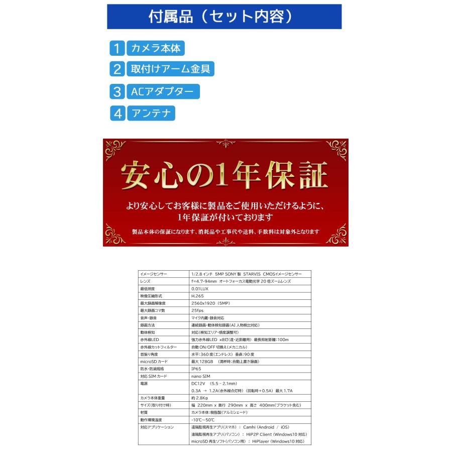 防犯カメラ 500万画素 LTE-SIMカメラ SIMカード 屋外防雨 SIMカメラ 4G