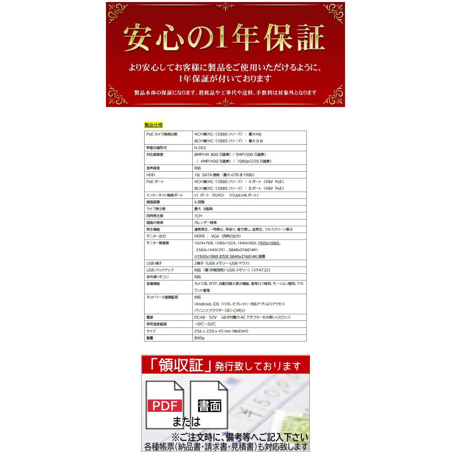 防犯カメラ用 PoE48V給電 4CH NVR録画機(選べるHDD容量)4K,800万画素