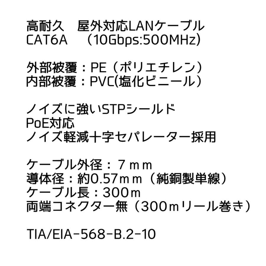 CAT6A 300m リール巻き(コネクター無) 屋外用LANケーブル 30年の屋外耐候性(PE被覆) STPシールド PoE防犯カメラやパソコン等に 屋外用 防水 KC-12909の画像