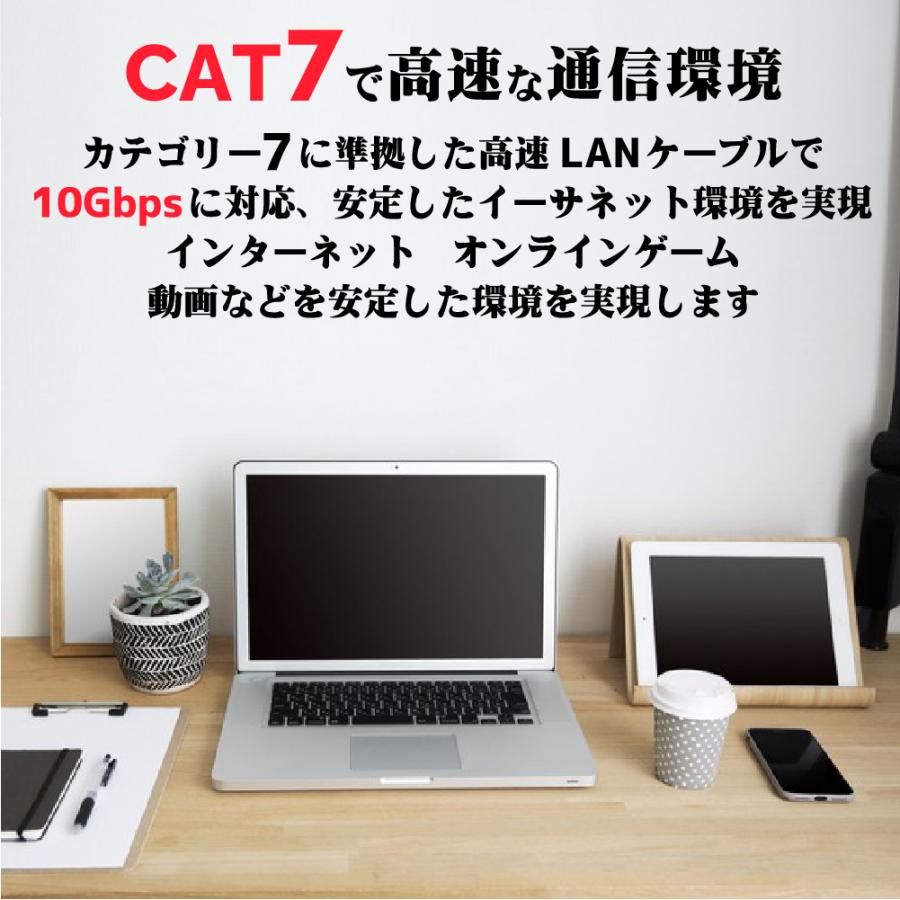 10m CAT7 フラットLANケーブル  超高速10Gbps カテゴリー７ 600MHz フラットタイプ薄型 ブラック パソコン等のLAN通信ケーブルに シールド付き kc-12955｜kcs-inc｜05