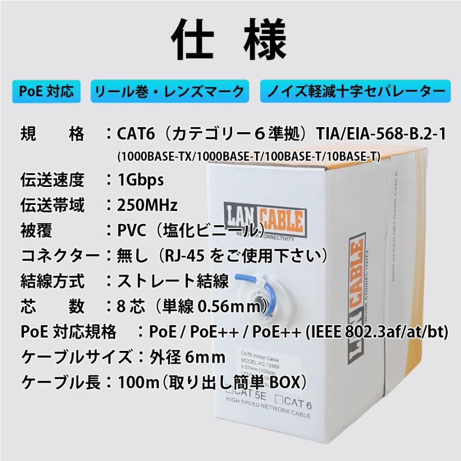 欠品中】100m CAT6 LANケーブル（コネクター無し） 青 PoE対応 ノイズ