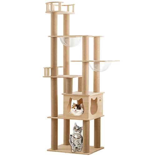 キャットタワー 木製 据え置き 猫タワー 透明宇宙船 多頭飼い 爪とぎ