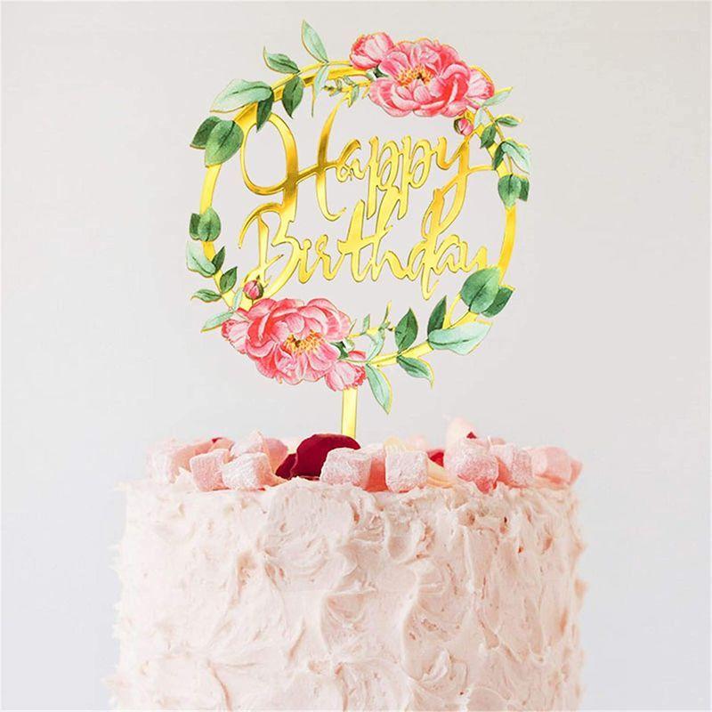 国内外の人気 ケーキトッパー 誕生日 ケーキ飾り デコレーション ゴールド 花 Happy Birthday ケーキ挿入カード バースデー お祝い パーテ