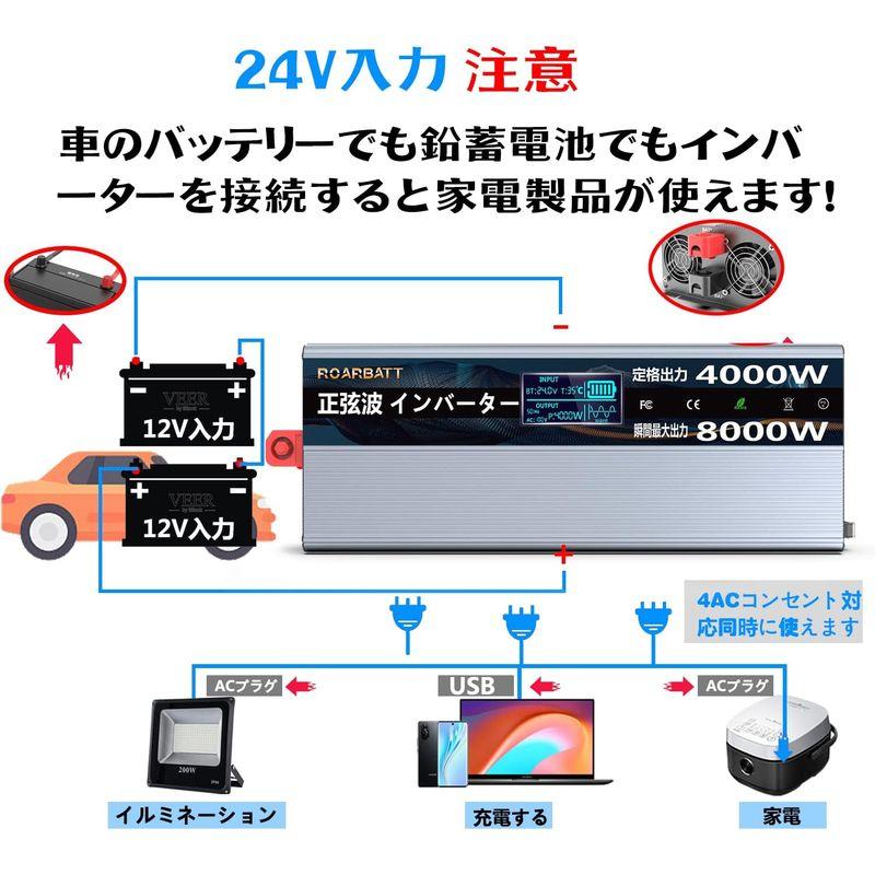 ROARBATT 24V 4000W インバーター 正弦波 瞬間最大8000W DC24VをAC100に変換 リモコン付き 50/60Hz切｜kdline｜09