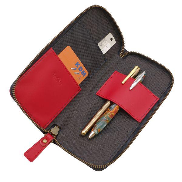 革コンビ ラウンドジップ ペンケース 2 レッド デニム 本革 筆箱 LDKC