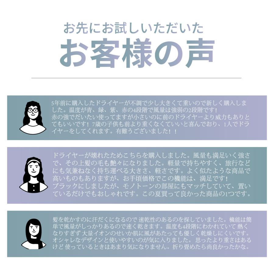 ドライヤー 速乾 大風量 冷風熱風 静音 2億 2.6m/s マイナスイオン ヘアドライヤー スピーディーイオン 軽量 過熱保護 持ち運び便利 |  | 05