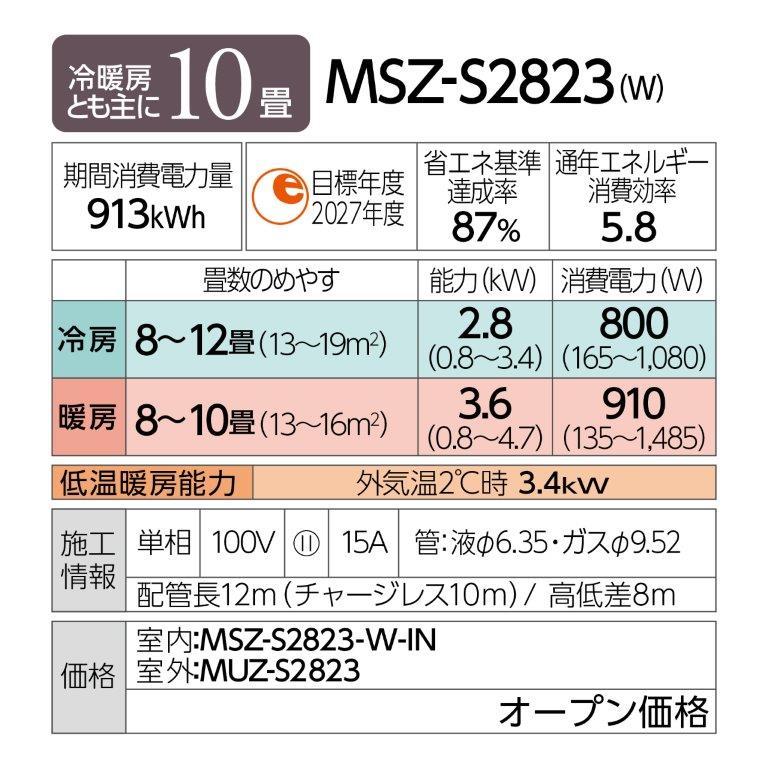 三菱電機エアコン「霧ヶ峰 Sシリーズ MSZ-S2823-W」2023年モデル 三菱電機エアコン「霧ヶ峰 Sシリーズ MSZ-S2823-W」2023年モデル