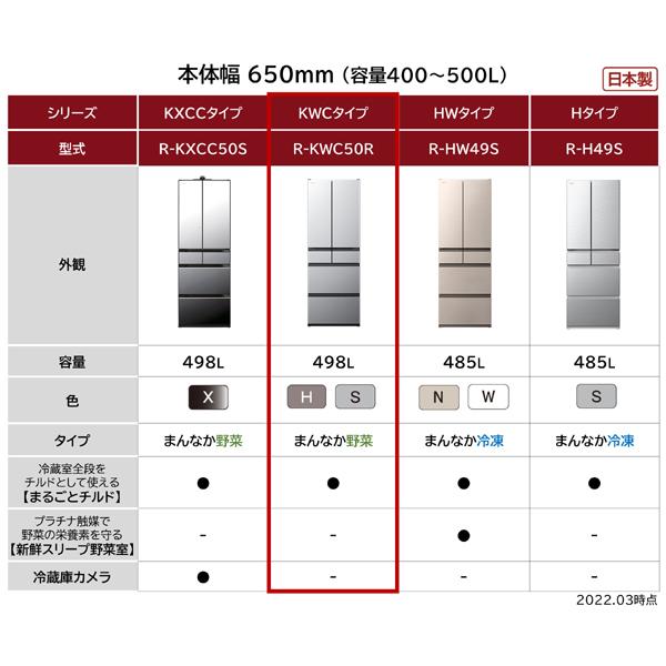 大阪限定設置込み R-KWC50R S 日立 HITACHI 冷蔵庫 498L 大阪限定設置込み R-KWC50R S 日立 HITACHI 冷蔵庫 498L