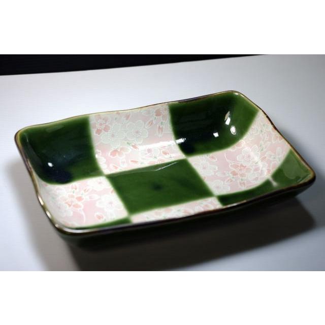 長角鉢・織部格子ピンク桜21.2ｃｍ　[美濃焼/日本製/陶磁器/和食器/和風/グリーン/緑/煮物鉢/菓子鉢/菓子入れ/ギフト/花/おしゃれ] | 