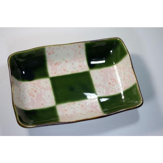 長角鉢・織部格子ピンク桜21.2ｃｍ　[美濃焼/日本製/陶磁器/和食器/和風/グリーン/緑/煮物鉢/菓子鉢/菓子入れ/ギフト/花/おしゃれ] |  | 01