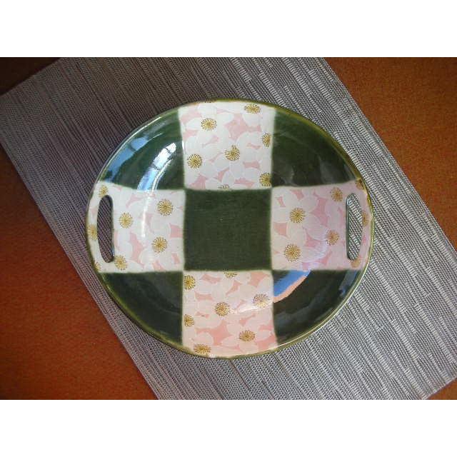 織部平安さくらレンジボウル・手付き盛鉢　[美濃焼/日本製/陶磁器/和食器/和風/グリーン/緑/大鉢/菓子鉢/かわいい/桜/花/格子模様/旅館/料亭/レストラン] |  | 01