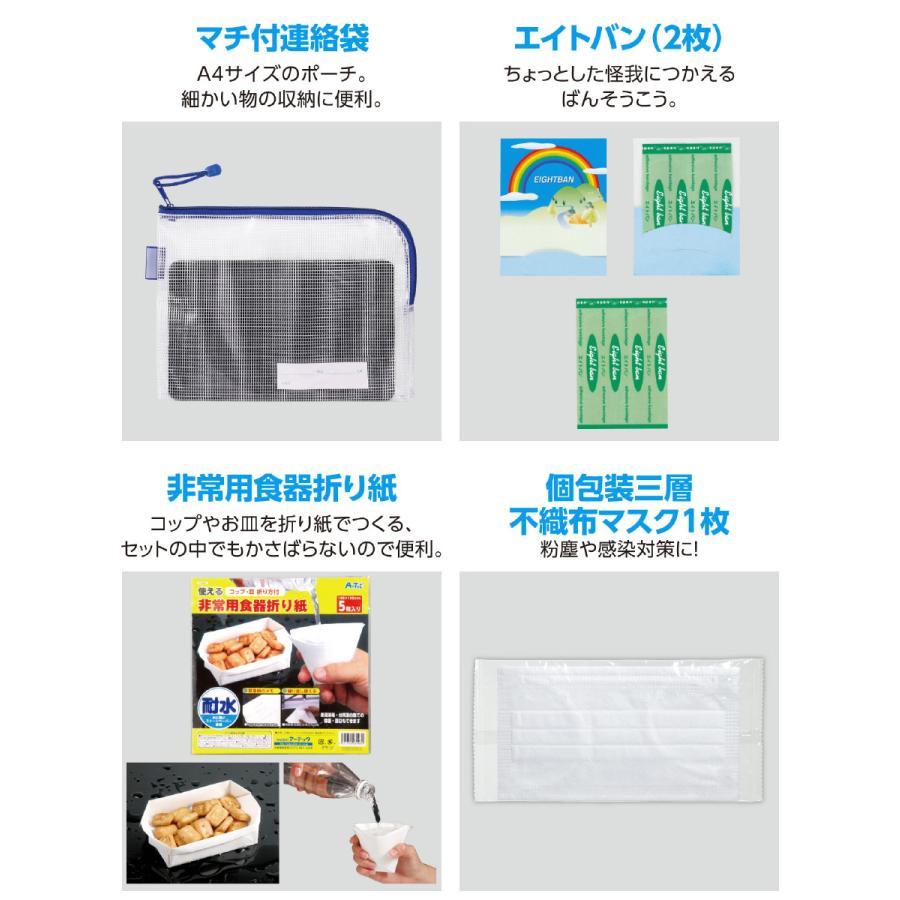 帰宅困難者支援7点セット アーテック 防災 災害対策 防災用品 非常持出袋 1人用 災害 避難グッズ 懐中電灯 救急セット マスク 持ち運び |  | 03