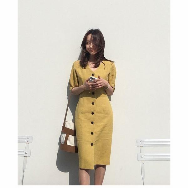 100 品質 バッグ ワンピース レディース 膝丈 Vネック 前開き 半袖 ミディアム丈 ワンピース レディース 膝丈 Vネック 前開き 半袖 ミディアム丈 春ワンピース 春ワンピ シンプル リネン ウエストマーク 21春夏新作 イエロー S M L Xl Www Threeriversofs Com