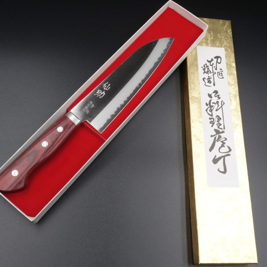 仙助 包丁 三徳包丁 青紙クラッド 165mm ワインレッド色合板柄 : 啓仁