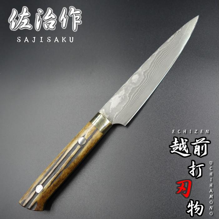 佐治作 VG10 ダマスカス鋼 ペティナイフ 135mm 黒仕上げ 寿檀八角柄 佐治作 包丁 ペティ ナイフ VG10 黒染めダマスカス 135mm 黄鹿角柄