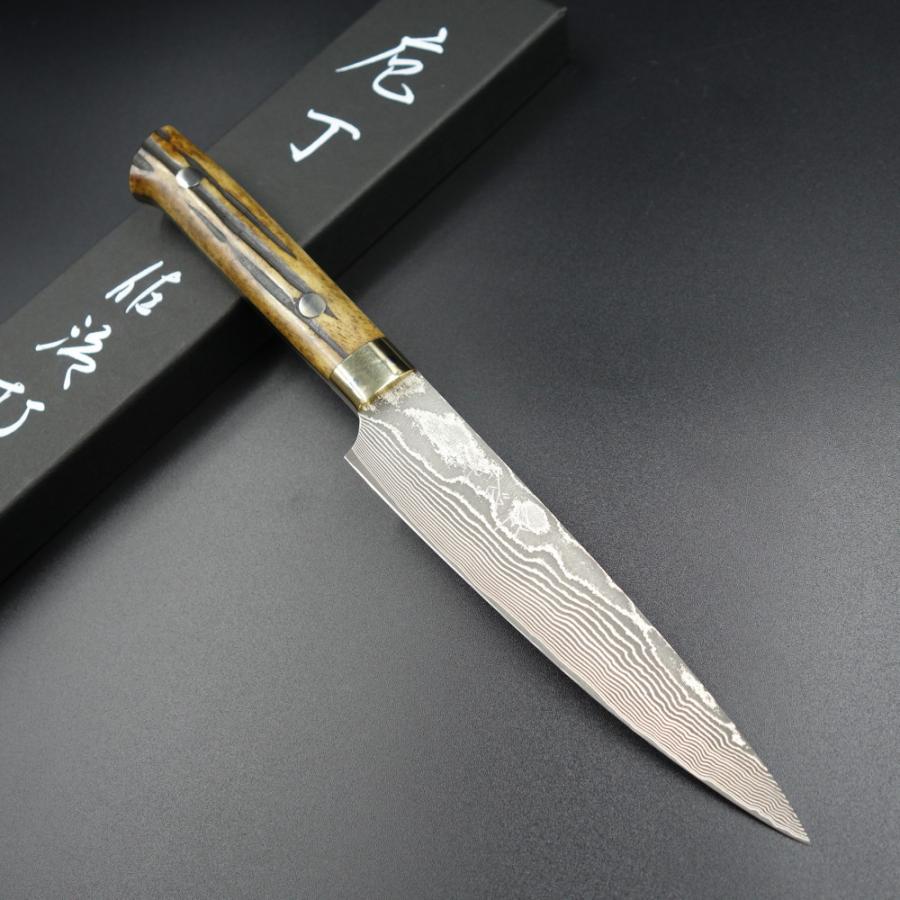 佐治作 包丁 ペティ ナイフ VG10 黒染めダマスカス 135mm 黄鹿角柄