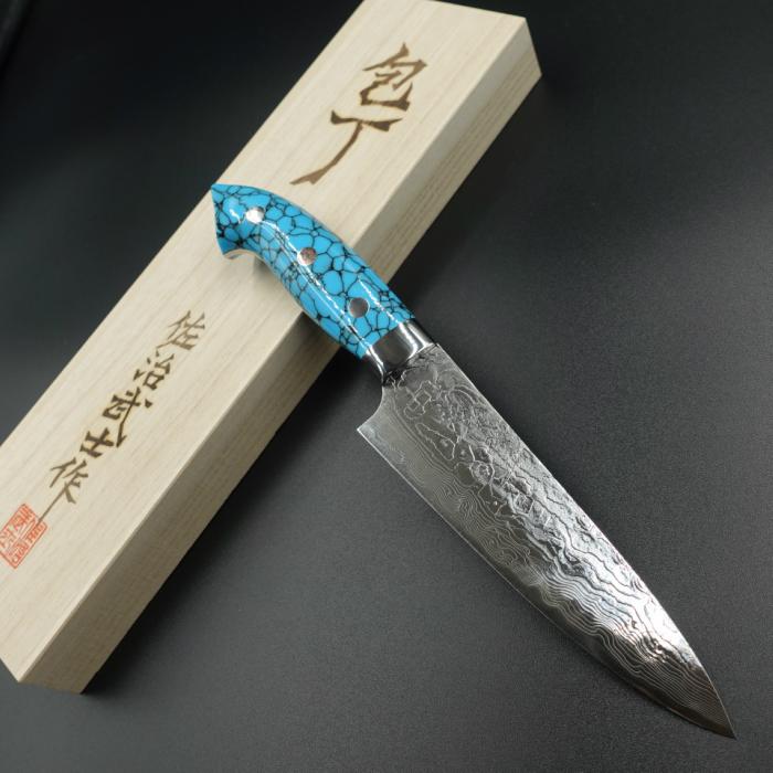 佐治作 ペティ ナイフ R2 粉末ハイス鋼 ダマスカス 130mm 青 佐治作 ペティ ナイフ R2 粉末ハイス鋼 ダマスカス 130mm 青