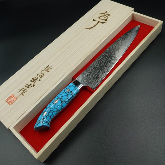 佐治作 包丁 牛刀 R2 粉末ハイス鋼 ダマスカス 210mm 青 ターコイズ 