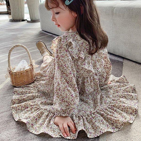 子供服 ワンピース 韓国子供服 キッズ 女の子 長袖ワンピース 花柄 フリル 春服 子供 キッズ 子供 サイドフリル フラワー ブラウス 長袖 130