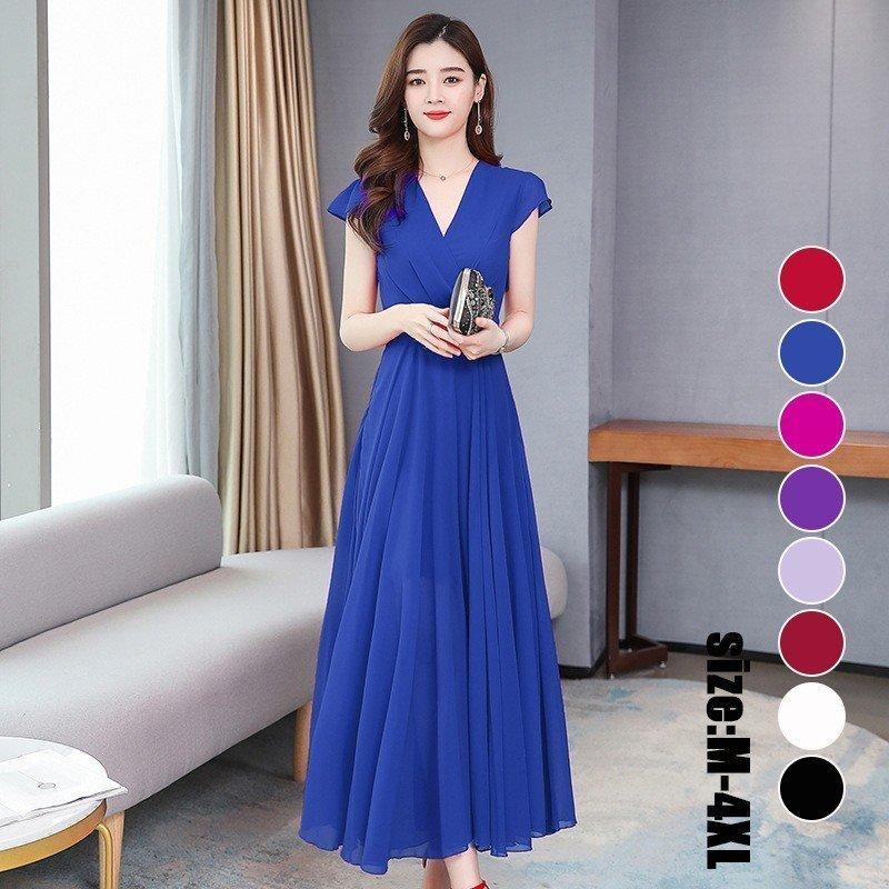 マキシワンピース レディース ロング丈 半袖 シフォンワンピ リゾート 夏 ビーチ おしゃれ 大きいサイズ お出かけ カジュアル ファッション 結婚式 可愛い お買い得モデル