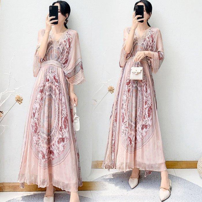 ワンピース レディース 40代 マキシワンピース 春夏秋 五分袖ワンピース 花柄プリント シフォンスカートaライン オシャレ通勤 大人可愛い ゆったり 30代 50代 限定版