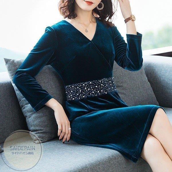 ワンピース レディース 40代 きれいめ 秋冬 長袖 上品 膝丈ワンピース Vネック チュニック 大きいサイズ パーティードレス 韓国風 おしゃれ 通勤 着痩せ 暖かい 人気が高い