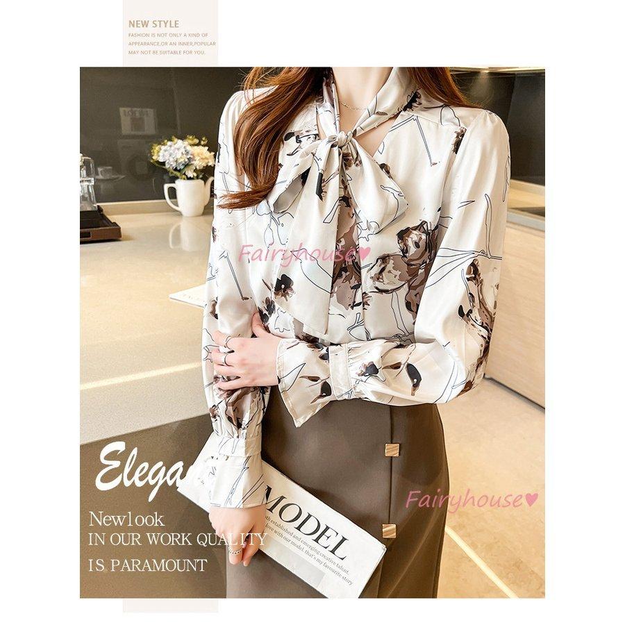 レディースファッション 通常在庫品 ブラウス レディース 長袖ブラウス 春秋 オフィスブラウス リボンネック プリント オシャレブラウス シフォントップス 韓国風 大人 通勤ol ゆったりシャツ 40代 Nd2xub5hy8 Www Ludlowbar Com Au