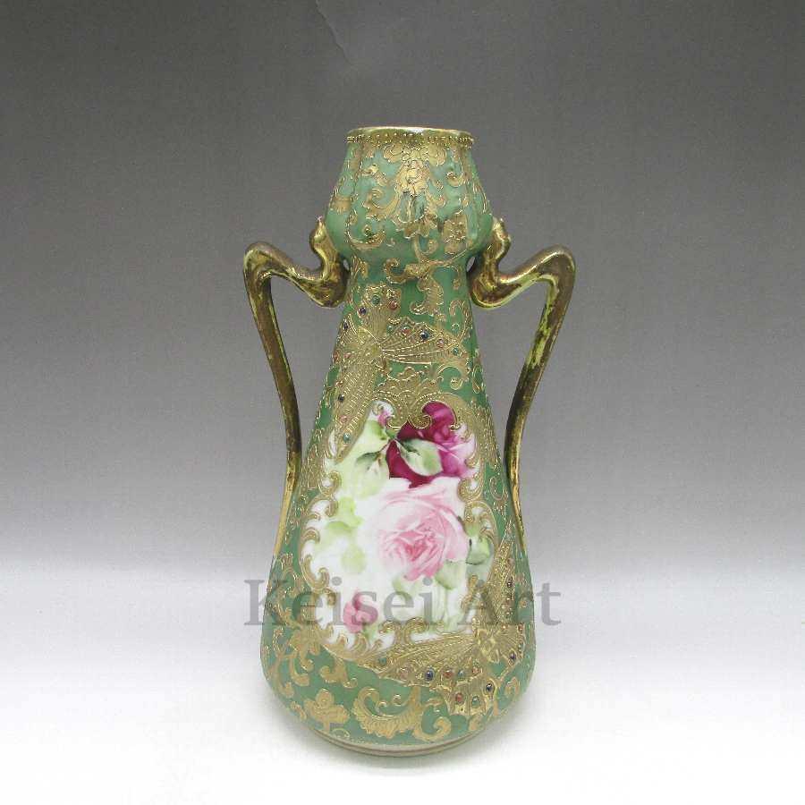 本物品質の 送料無料 オールドノリタケ U1623 金盛ジュール薔薇文花瓶 美術 工芸品