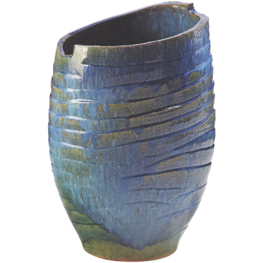 信楽焼 花瓶 日本製 花器 青ガラス楕円花器 17号 全高49cm×幅33.5cm