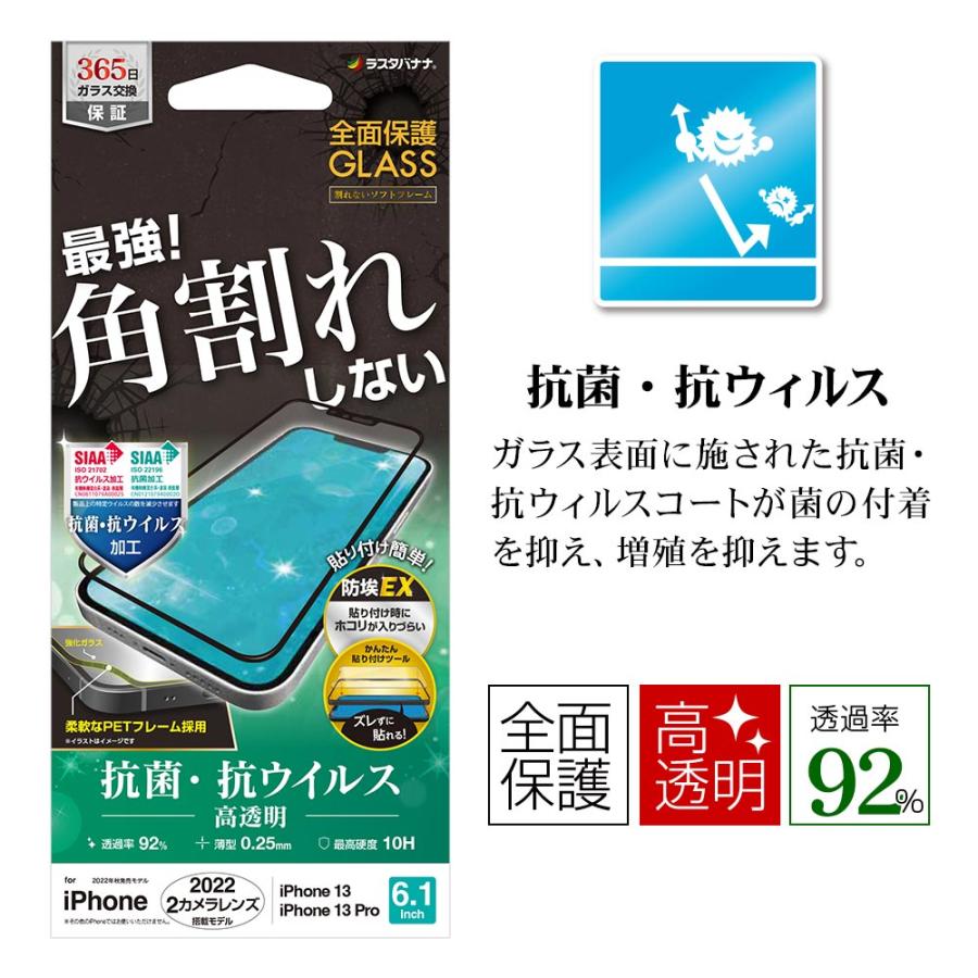 iPhone14 13 Pro 13 ガラスフィルム 全面保護 高光沢 角割れしない 抗菌 抗ウイルス ホコリ防止 0.25mm 10H 貼付ガイド アイフォン SVP3461IP261 ラスタバナナ｜keitai-kazariya｜02