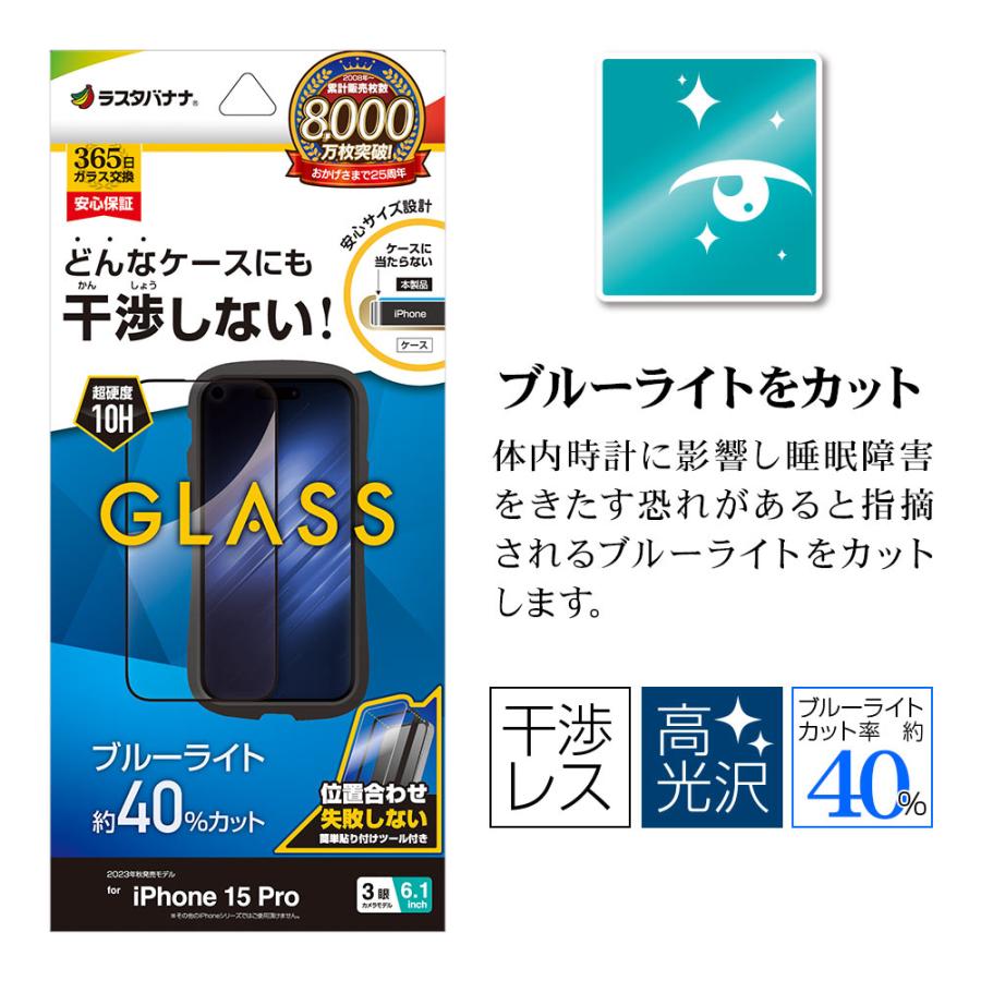 iPhone15 ガラスフィルム 平面保護 ブルーライトカット 高光沢 高透明 クリア 干渉しない 干渉レス 0.33ｍｍ ガイド枠付き アイフォン ZS3914IP361 ラスタバナナ｜keitai-kazariya｜02