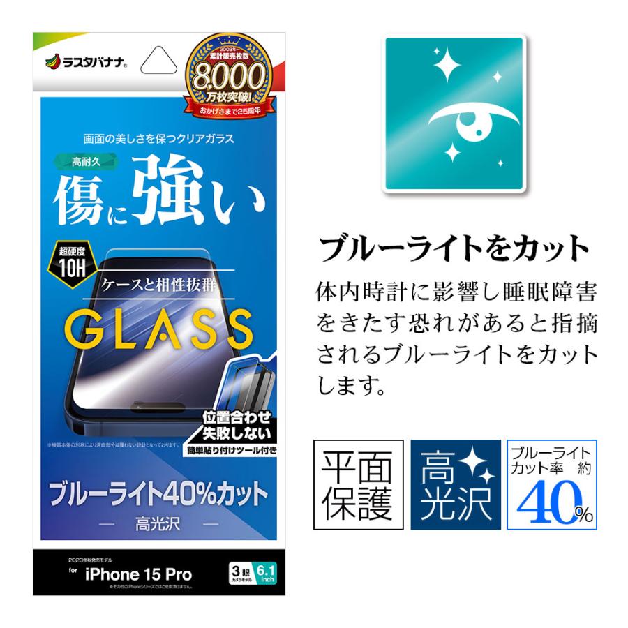 iPhone15 Pro ガラスフィルム 平面保護 ブルーライトカット 高光沢  傷に強い 0.33ｍｍ 10H ガイド枠付き アイフォン 保護フィルム GST3982IP361P ラスタバナナ｜keitai-kazariya｜02