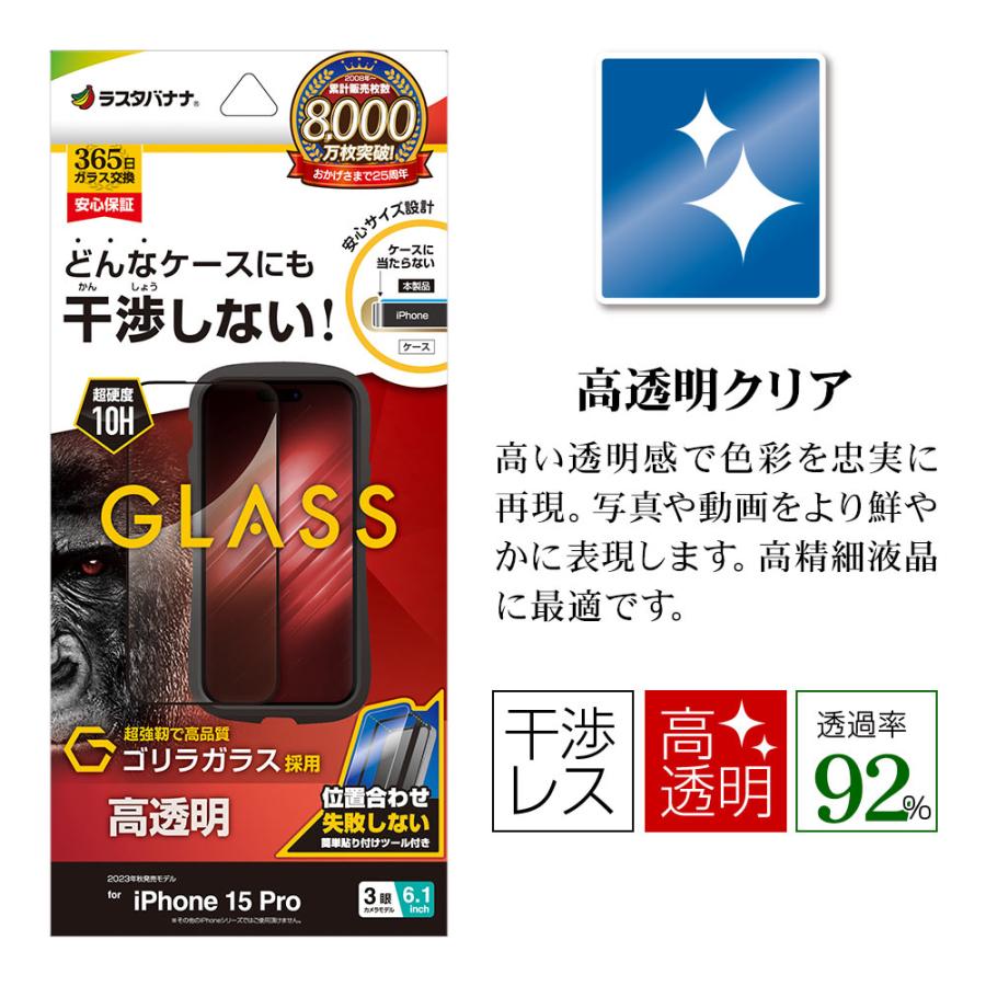 iPhone15 Pro ガラスフィルム 平面保護 高光沢 高透明 クリア 干渉しない ゴリラガラス採用 0.33ｍｍ ガイド枠付き アイフォン ZS3987IP361P ラスタバナナ｜keitai-kazariya｜02