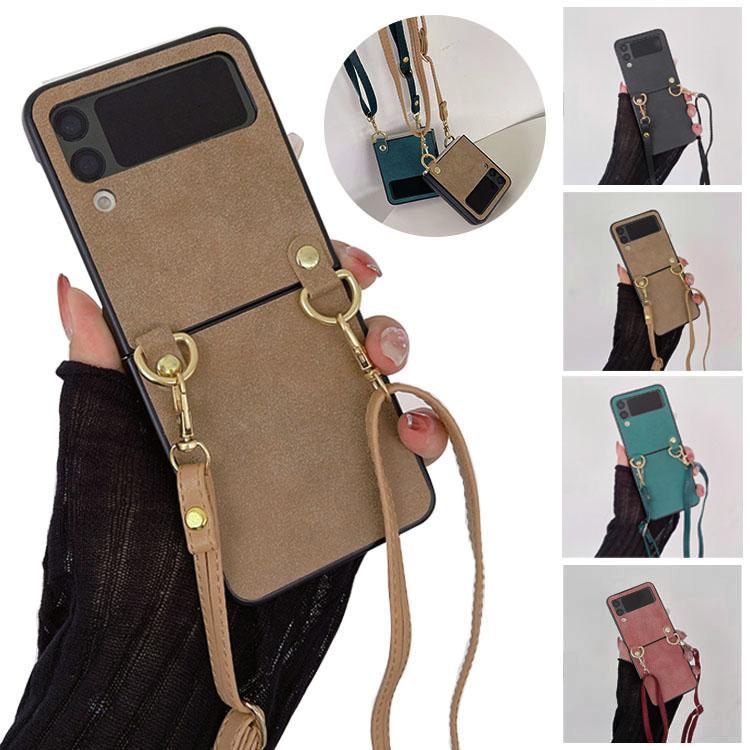 Galaxy Z Flip4 ケース カバー ストラップ付き かわいい 折りたたみ型 ショルダー紐 レザー調 ギャラクシー Z フリップ4