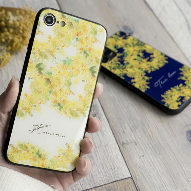 多機種対応 スマホケース ガラス ミモザ 名入れ 花 文字入れ