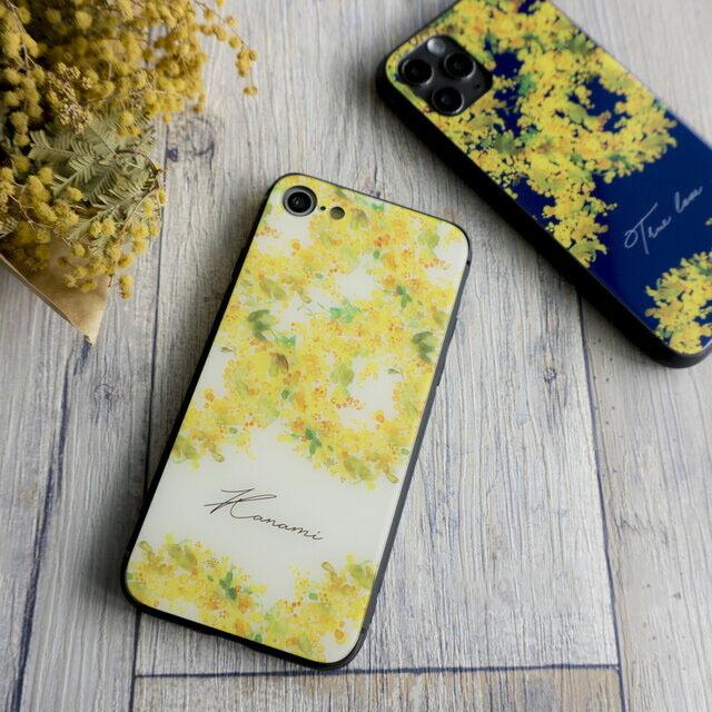 多機種対応 スマホケース ガラス ミモザ 名入れ 花 文字入れ