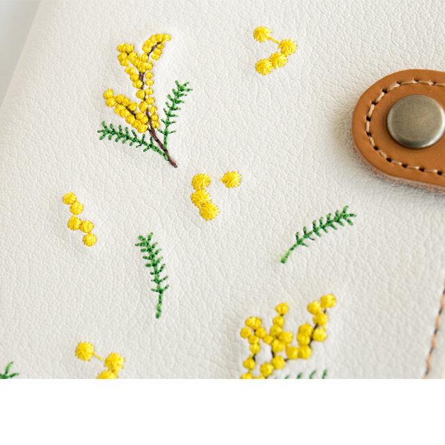 スマホケース 全機種対応 手帳型 刺繍 ミモザ 花刺繍 花 本革 レザー